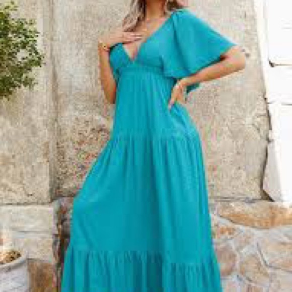 Turquoise Boho Maxi Dress | Flutter Sleeves Resort Vacation Dress | Size M - Picture 8 of 8